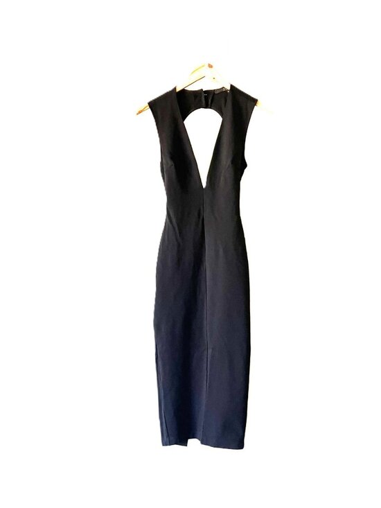 Guess Dresses & Skirts - GUESS Los Angeles Deep V Midi Dress XS Black Stretchy Open Back Golden Buttons